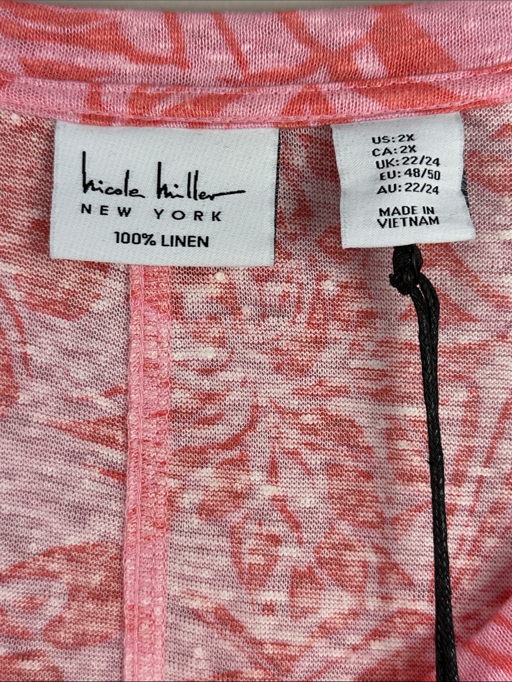 Nicole Miller Linen Coral-Pink Tropical Print V-Neck Tee NEW! - Picture 7 of 8